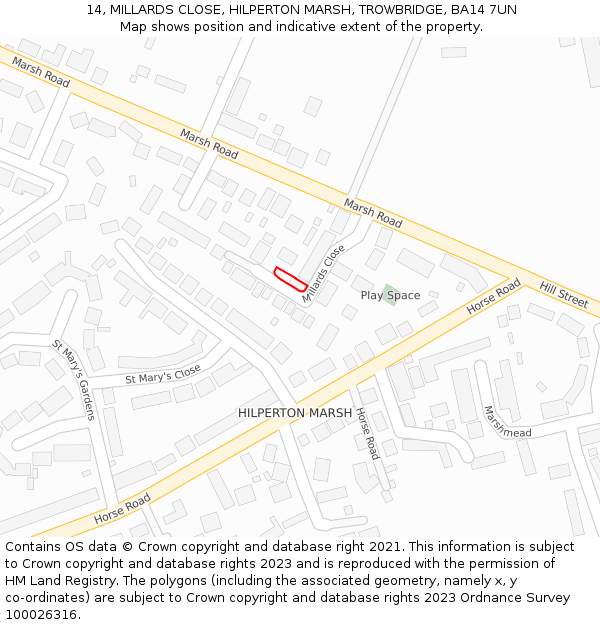 14, MILLARDS CLOSE, HILPERTON MARSH, TROWBRIDGE, BA14 7UN: Location map and indicative extent of plot