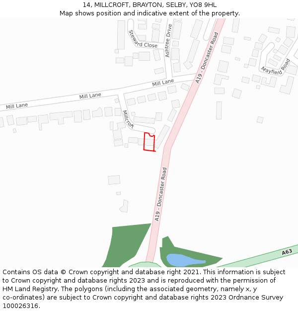 14, MILLCROFT, BRAYTON, SELBY, YO8 9HL: Location map and indicative extent of plot