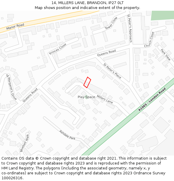 14, MILLERS LANE, BRANDON, IP27 0LT: Location map and indicative extent of plot