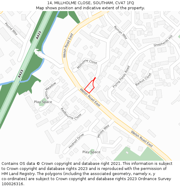 14, MILLHOLME CLOSE, SOUTHAM, CV47 1FQ: Location map and indicative extent of plot
