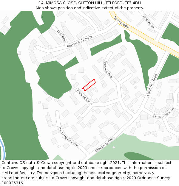 14, MIMOSA CLOSE, SUTTON HILL, TELFORD, TF7 4DU: Location map and indicative extent of plot