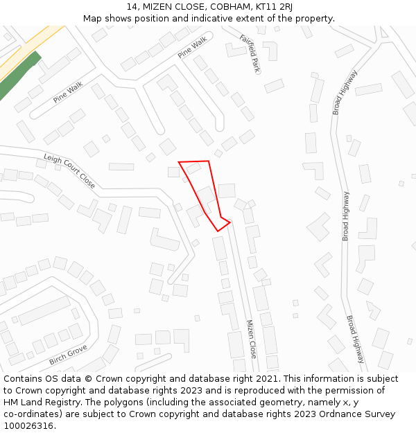 14, MIZEN CLOSE, COBHAM, KT11 2RJ: Location map and indicative extent of plot