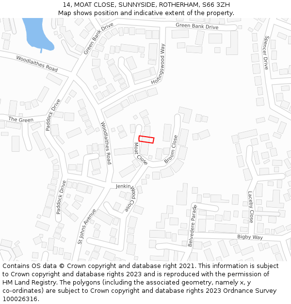 14, MOAT CLOSE, SUNNYSIDE, ROTHERHAM, S66 3ZH: Location map and indicative extent of plot