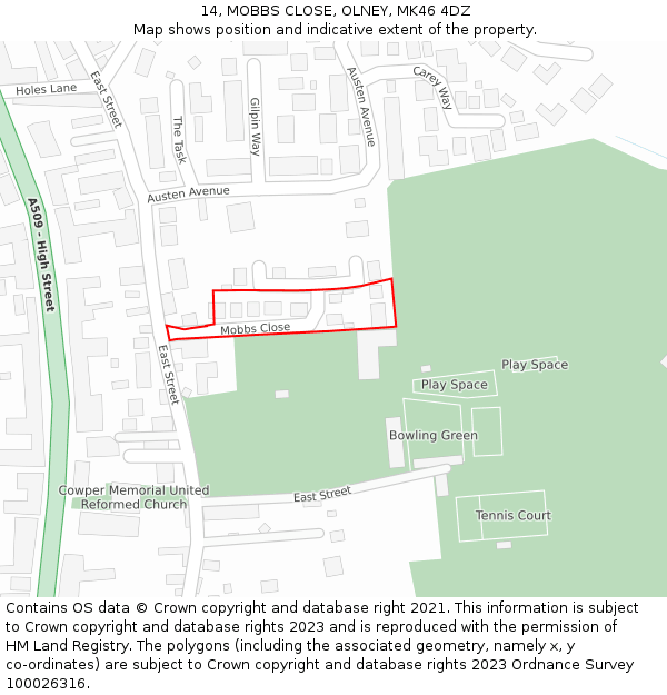 14, MOBBS CLOSE, OLNEY, MK46 4DZ: Location map and indicative extent of plot