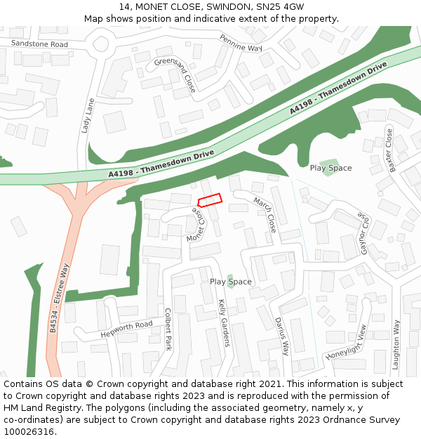 14, MONET CLOSE, SWINDON, SN25 4GW: Location map and indicative extent of plot