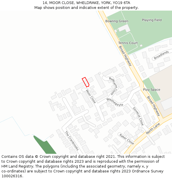 14, MOOR CLOSE, WHELDRAKE, YORK, YO19 6TA: Location map and indicative extent of plot
