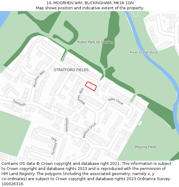 14, MOORHEN WAY, BUCKINGHAM, MK18 1GN: Location map and indicative extent of plot