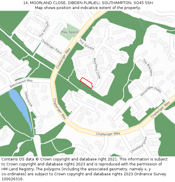 14, MOORLAND CLOSE, DIBDEN PURLIEU, SOUTHAMPTON, SO45 5SH: Location map and indicative extent of plot