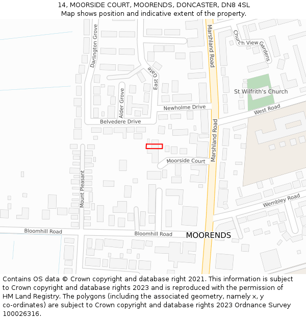 14, MOORSIDE COURT, MOORENDS, DONCASTER, DN8 4SL: Location map and indicative extent of plot