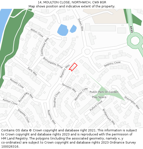 14, MOULTON CLOSE, NORTHWICH, CW9 8GR: Location map and indicative extent of plot