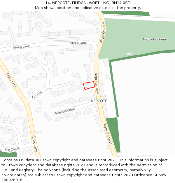 14, NEPCOTE, FINDON, WORTHING, BN14 0SD: Location map and indicative extent of plot