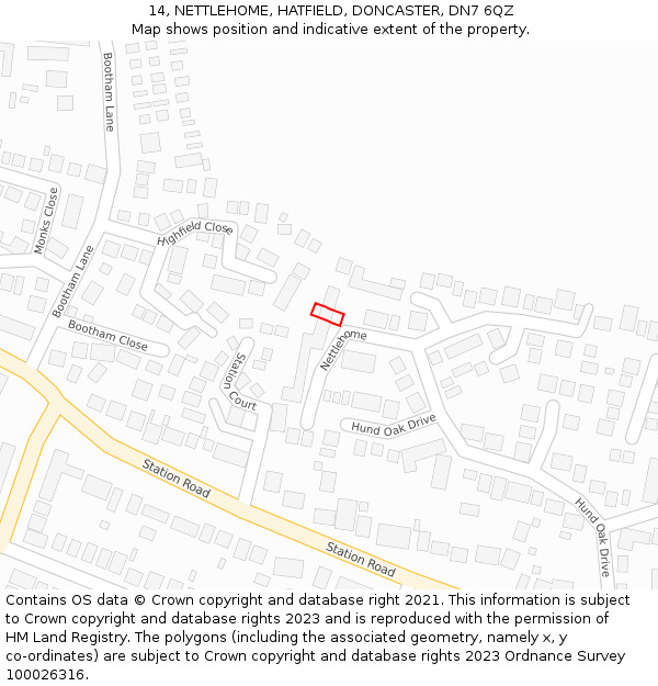 14, NETTLEHOME, HATFIELD, DONCASTER, DN7 6QZ: Location map and indicative extent of plot