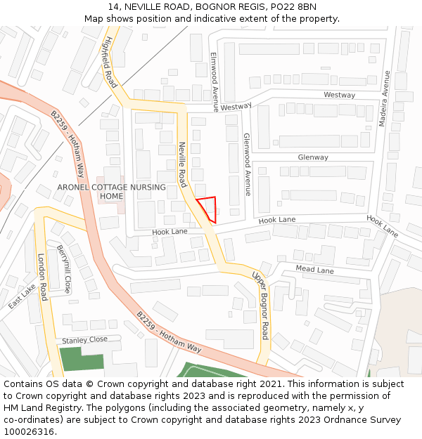 14, NEVILLE ROAD, BOGNOR REGIS, PO22 8BN: Location map and indicative extent of plot