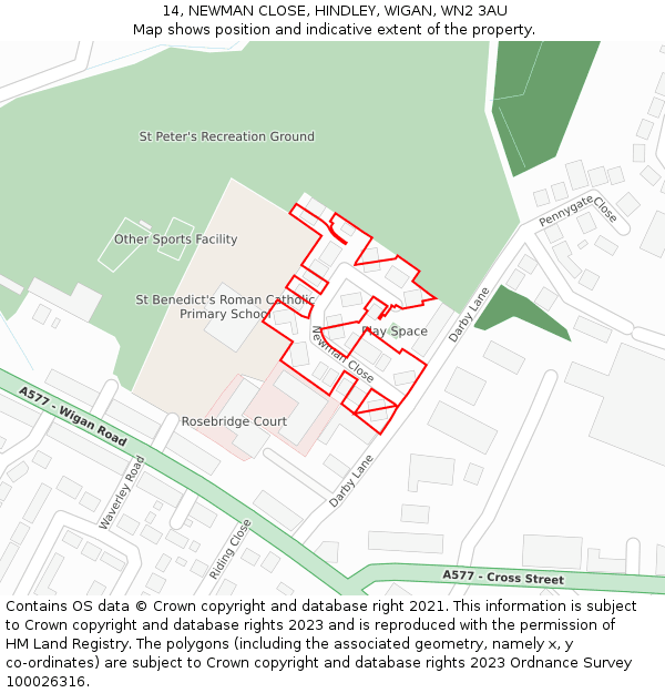 14, NEWMAN CLOSE, HINDLEY, WIGAN, WN2 3AU: Location map and indicative extent of plot