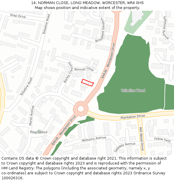 14, NORMAN CLOSE, LONG MEADOW, WORCESTER, WR4 0HS: Location map and indicative extent of plot