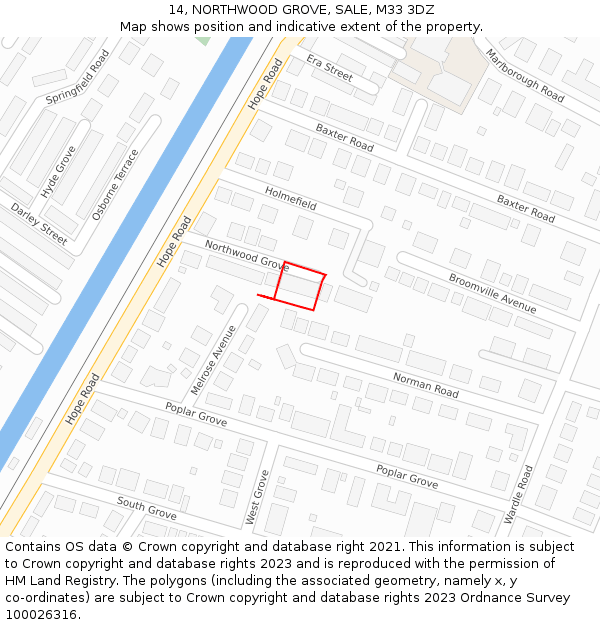14, NORTHWOOD GROVE, SALE, M33 3DZ: Location map and indicative extent of plot