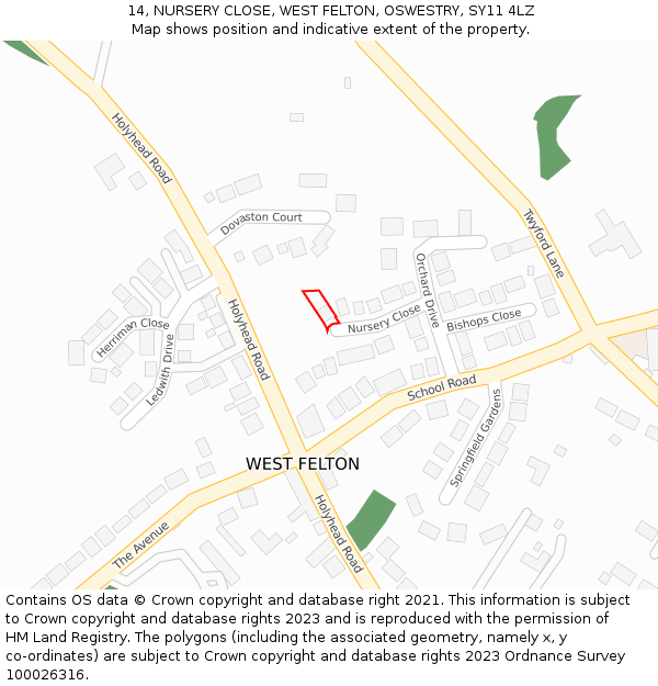 14, NURSERY CLOSE, WEST FELTON, OSWESTRY, SY11 4LZ: Location map and indicative extent of plot