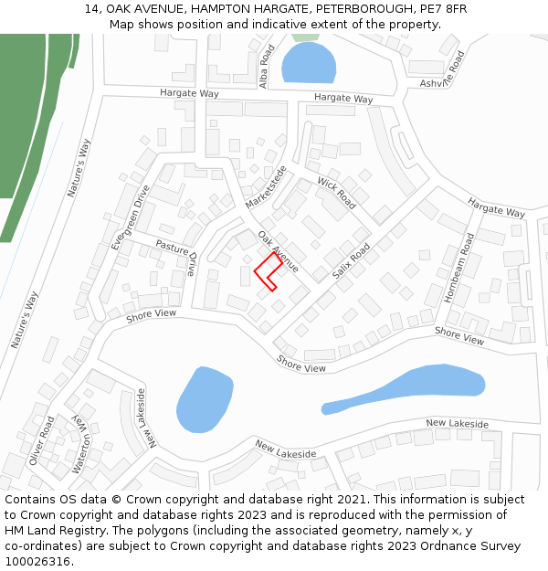 14, OAK AVENUE, HAMPTON HARGATE, PETERBOROUGH, PE7 8FR: Location map and indicative extent of plot
