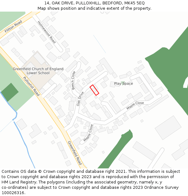 14, OAK DRIVE, PULLOXHILL, BEDFORD, MK45 5EQ: Location map and indicative extent of plot