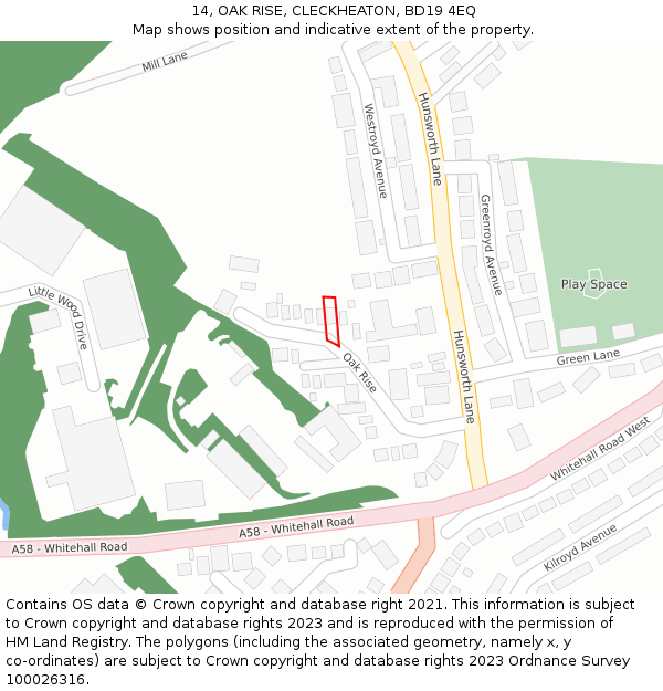 14, OAK RISE, CLECKHEATON, BD19 4EQ: Location map and indicative extent of plot
