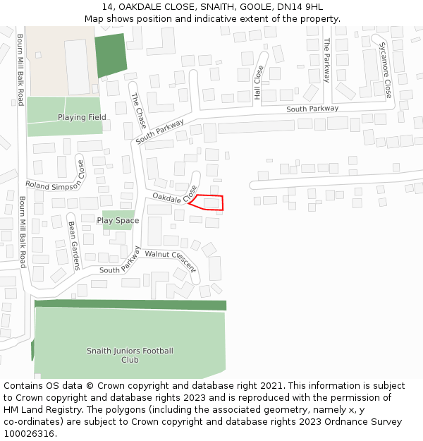 14, OAKDALE CLOSE, SNAITH, GOOLE, DN14 9HL: Location map and indicative extent of plot