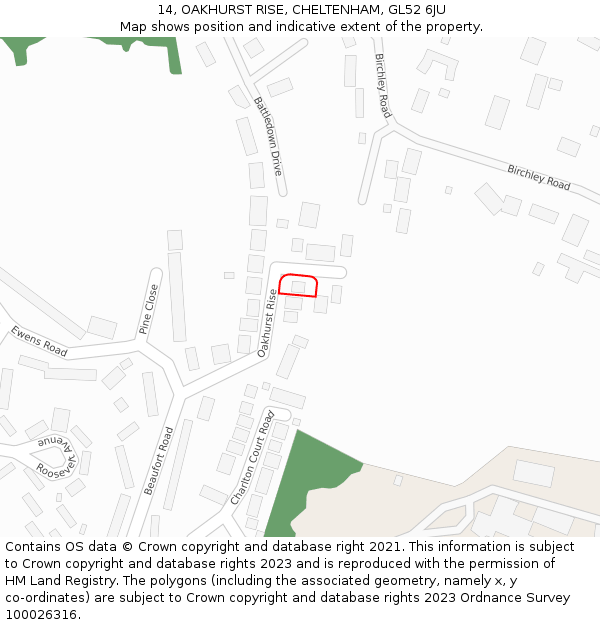 14, OAKHURST RISE, CHELTENHAM, GL52 6JU: Location map and indicative extent of plot