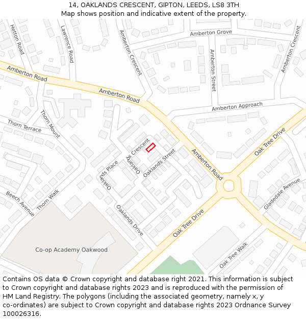 14, OAKLANDS CRESCENT, GIPTON, LEEDS, LS8 3TH: Location map and indicative extent of plot