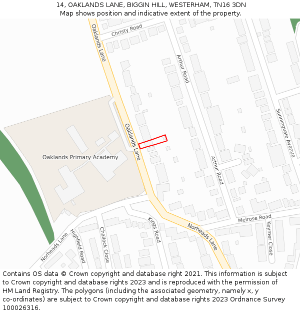 14, OAKLANDS LANE, BIGGIN HILL, WESTERHAM, TN16 3DN: Location map and indicative extent of plot