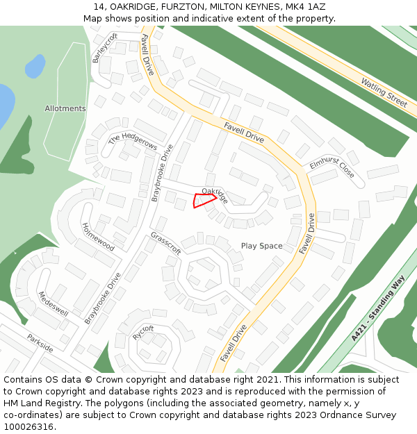 14, OAKRIDGE, FURZTON, MILTON KEYNES, MK4 1AZ: Location map and indicative extent of plot