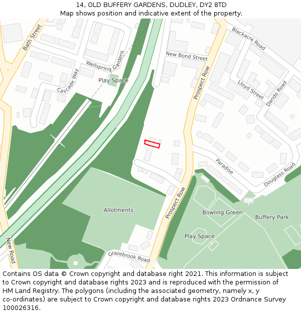 14, OLD BUFFERY GARDENS, DUDLEY, DY2 8TD: Location map and indicative extent of plot