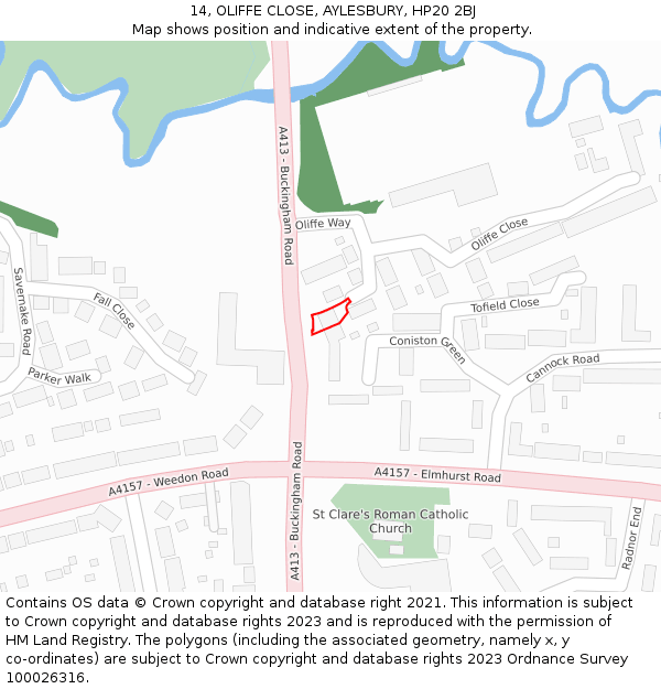 14, OLIFFE CLOSE, AYLESBURY, HP20 2BJ: Location map and indicative extent of plot