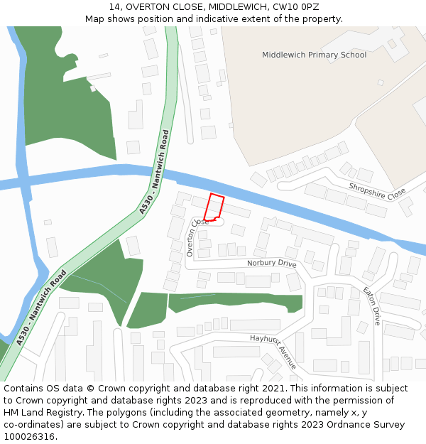 14, OVERTON CLOSE, MIDDLEWICH, CW10 0PZ: Location map and indicative extent of plot