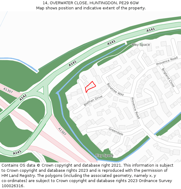 14, OVERWATER CLOSE, HUNTINGDON, PE29 6GW: Location map and indicative extent of plot