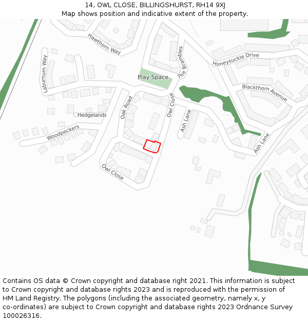 14, OWL CLOSE, BILLINGSHURST, RH14 9XJ: Location map and indicative extent of plot