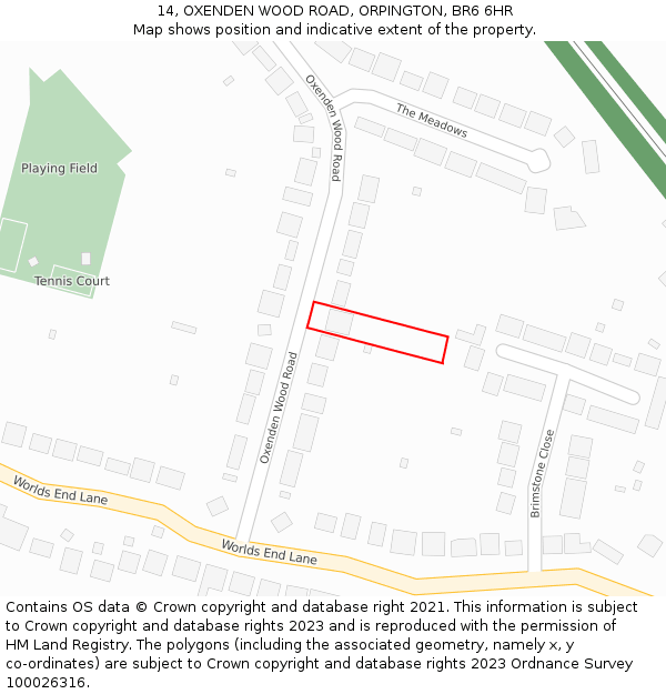 14, OXENDEN WOOD ROAD, ORPINGTON, BR6 6HR: Location map and indicative extent of plot