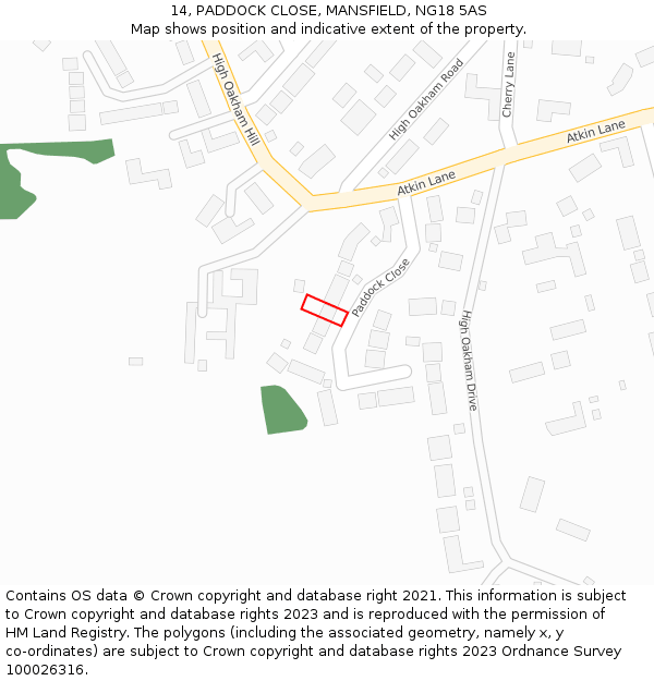 14, PADDOCK CLOSE, MANSFIELD, NG18 5AS: Location map and indicative extent of plot