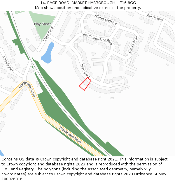 14, PAGE ROAD, MARKET HARBOROUGH, LE16 8GG: Location map and indicative extent of plot