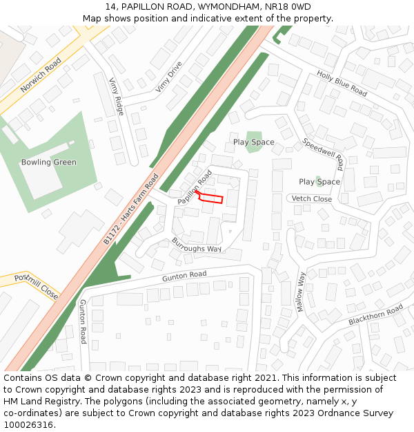 14, PAPILLON ROAD, WYMONDHAM, NR18 0WD: Location map and indicative extent of plot