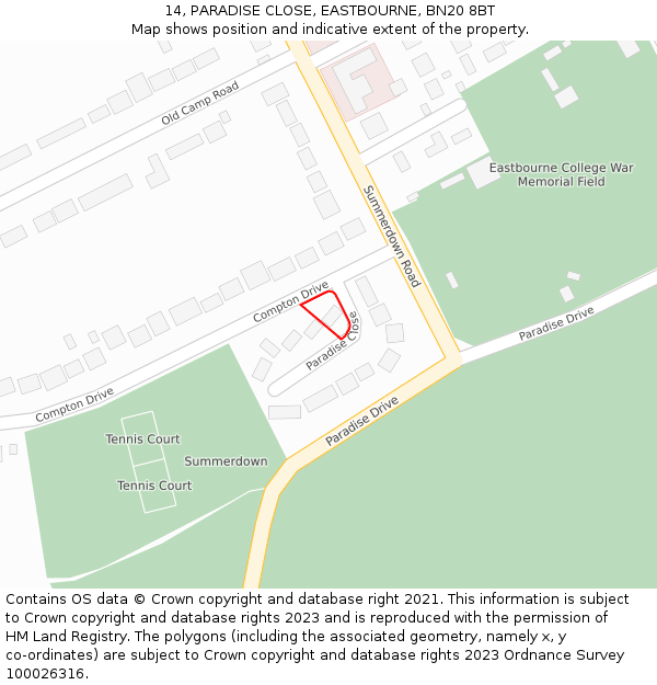 14, PARADISE CLOSE, EASTBOURNE, BN20 8BT: Location map and indicative extent of plot