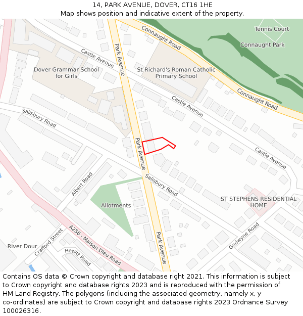 14, PARK AVENUE, DOVER, CT16 1HE: Location map and indicative extent of plot
