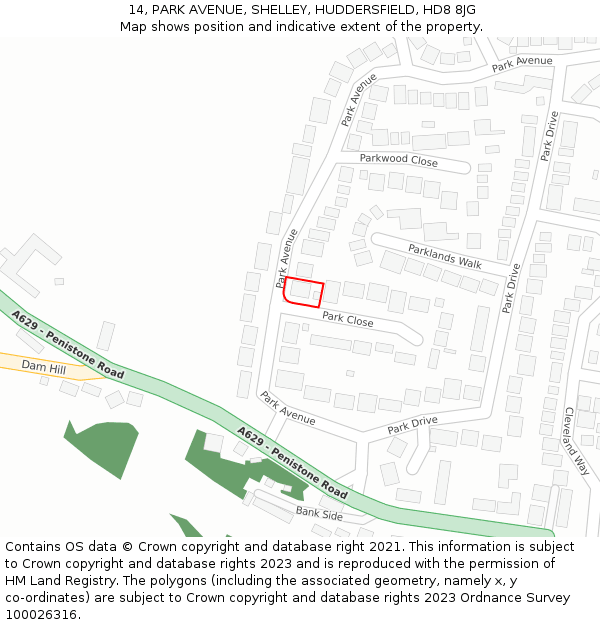 14, PARK AVENUE, SHELLEY, HUDDERSFIELD, HD8 8JG: Location map and indicative extent of plot
