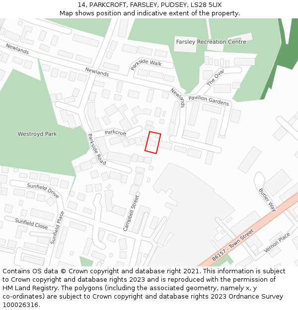 14, PARKCROFT, FARSLEY, PUDSEY, LS28 5UX: Location map and indicative extent of plot