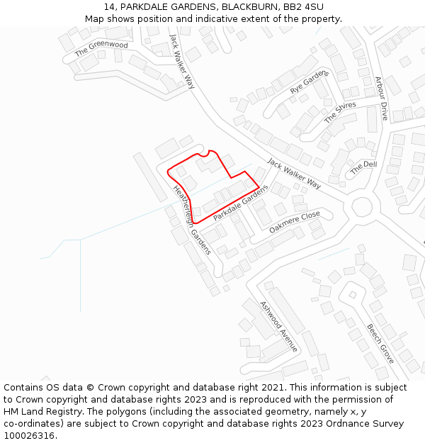 14, PARKDALE GARDENS, BLACKBURN, BB2 4SU: Location map and indicative extent of plot
