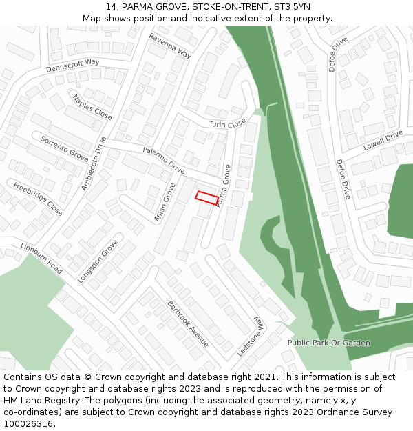 14, PARMA GROVE, STOKE-ON-TRENT, ST3 5YN: Location map and indicative extent of plot