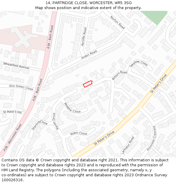 14, PARTRIDGE CLOSE, WORCESTER, WR5 3SG: Location map and indicative extent of plot