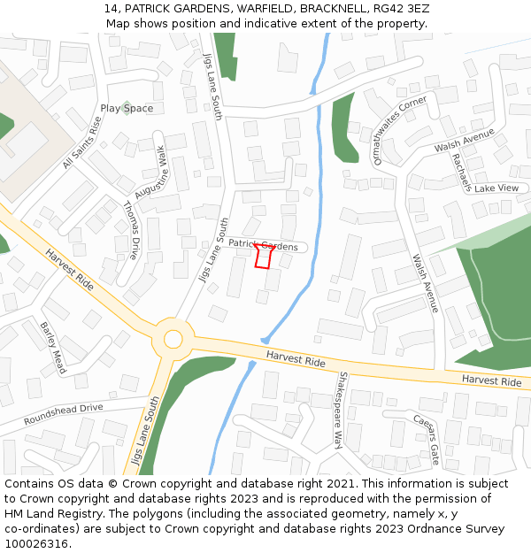 14, PATRICK GARDENS, WARFIELD, BRACKNELL, RG42 3EZ: Location map and indicative extent of plot