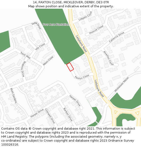 14, PAXTON CLOSE, MICKLEOVER, DERBY, DE3 0TR: Location map and indicative extent of plot