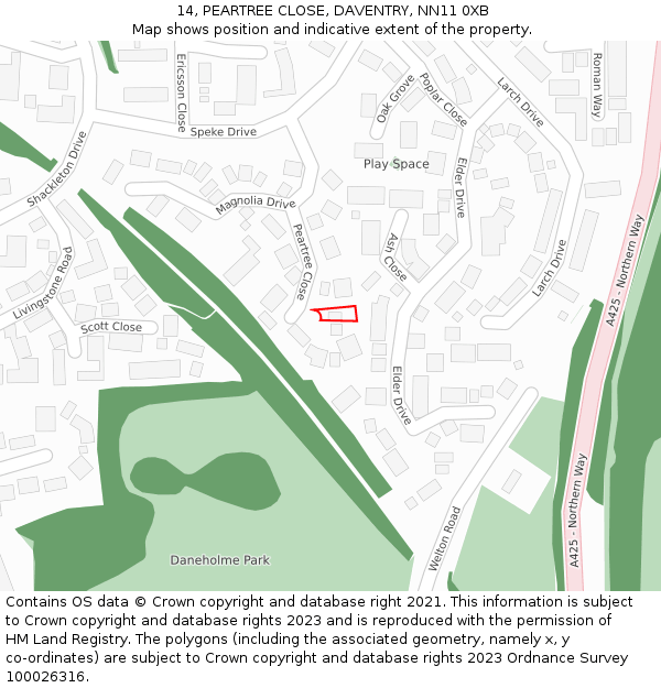 14, PEARTREE CLOSE, DAVENTRY, NN11 0XB: Location map and indicative extent of plot