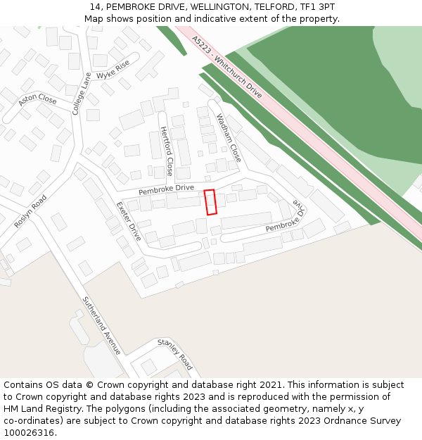 14, PEMBROKE DRIVE, WELLINGTON, TELFORD, TF1 3PT: Location map and indicative extent of plot
