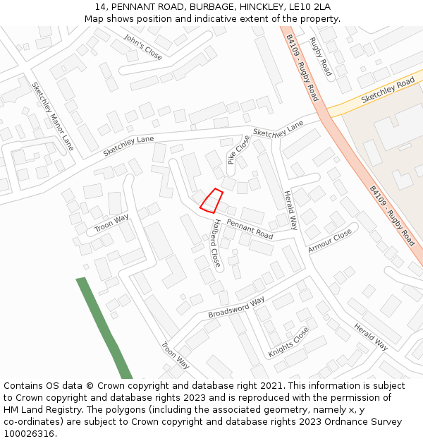 14, PENNANT ROAD, BURBAGE, HINCKLEY, LE10 2LA: Location map and indicative extent of plot